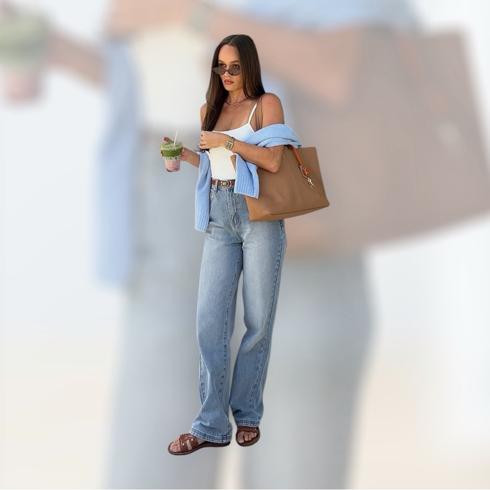 White Fox Long Way To Go High Rise Straight Leg Jeans Washed Blue - Picture 1 of 6